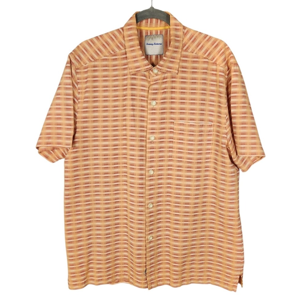 Tommy Bahama Mens Silk Cotton Shirt Large Orange Plaid Short Sleeve